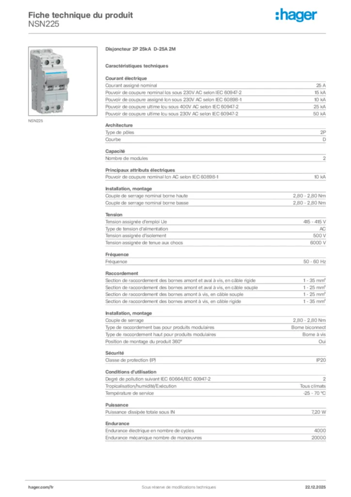 Image Hager Fiche technique du produit NSN225 | Hager France