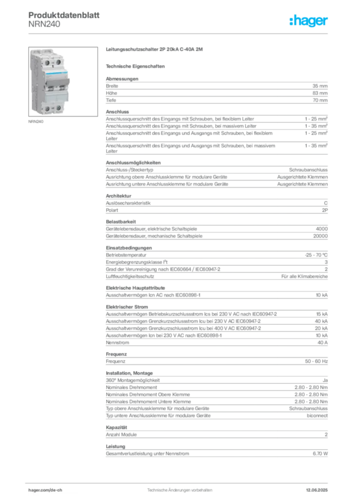 Bild Hager Produktdatenblatt NRN240 | Hager Schweiz