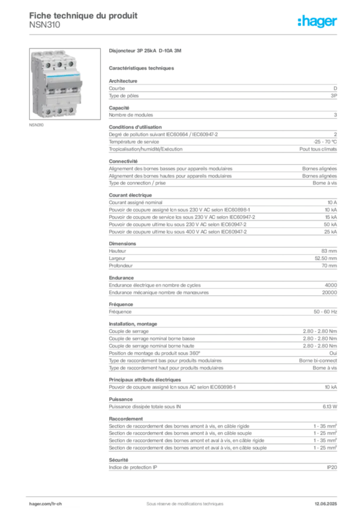 Image Hager Fiche technique du produit NSN310 | Hager Suisse