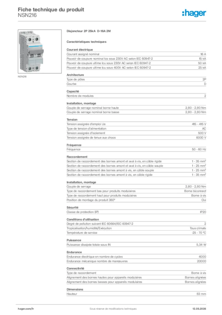 Image Hager Fiche technique du produit NSN216 | Hager France