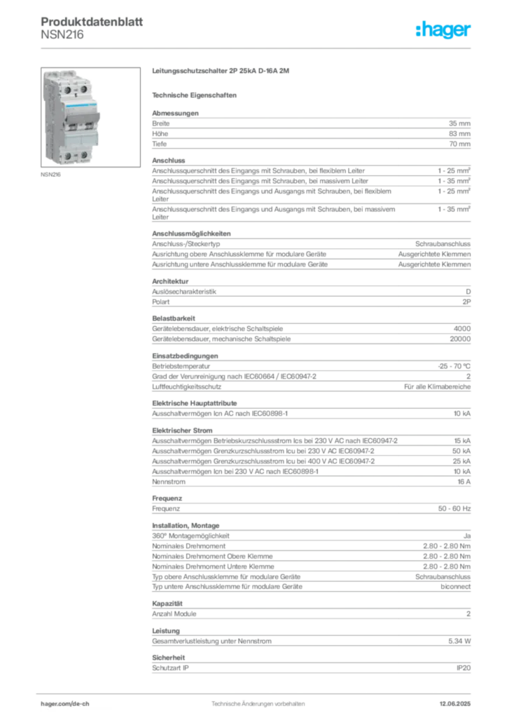 Bild Hager Produktdatenblatt NSN216 | Hager Schweiz