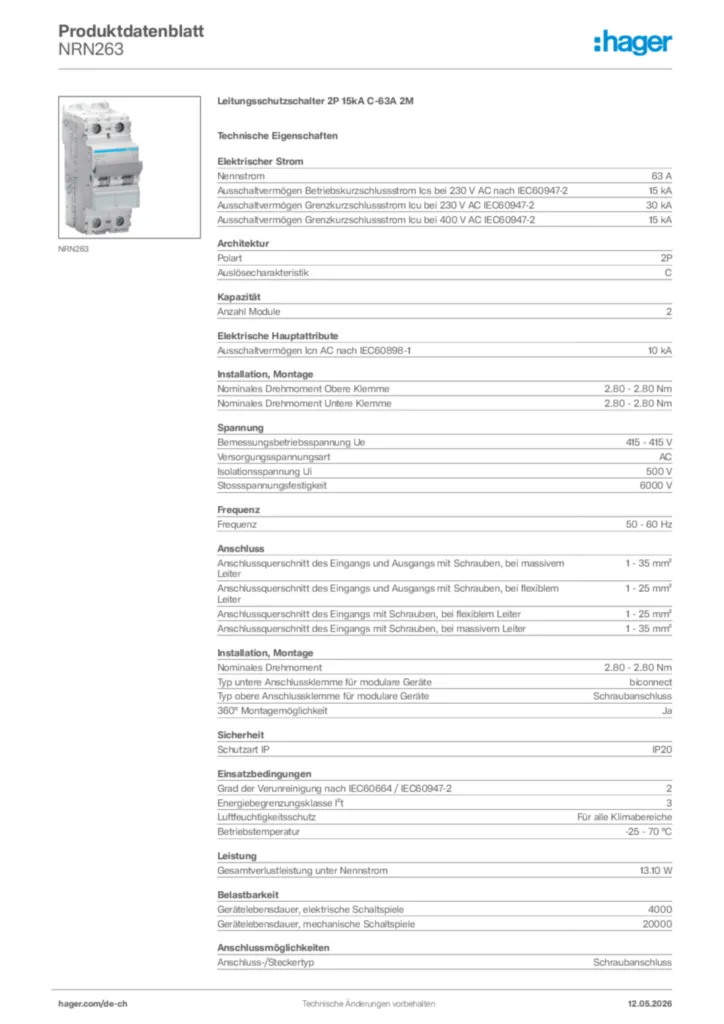 Bild Hager Produktdatenblatt NRN263 | Hager Schweiz