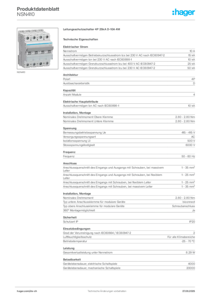 Bild Hager Produktdatenblatt NSN410 | Hager Schweiz