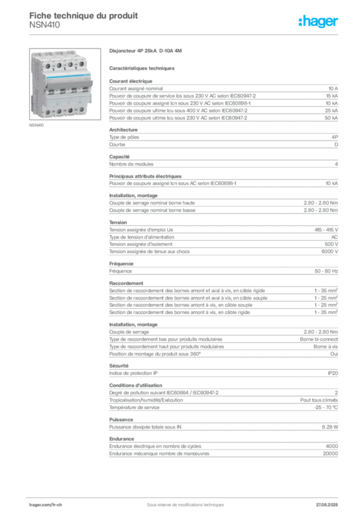 Image Hager Fiche technique du produit NSN410 | Hager Suisse