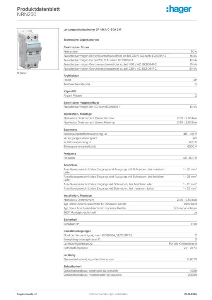 Bild Hager Produktdatenblatt NRN250 | Hager Schweiz