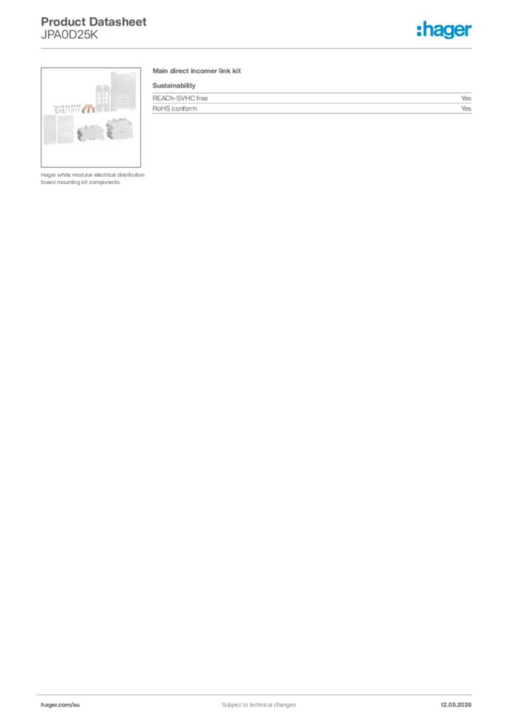 Image Hager Product data sheet JPA0D25K  | Hager Australia