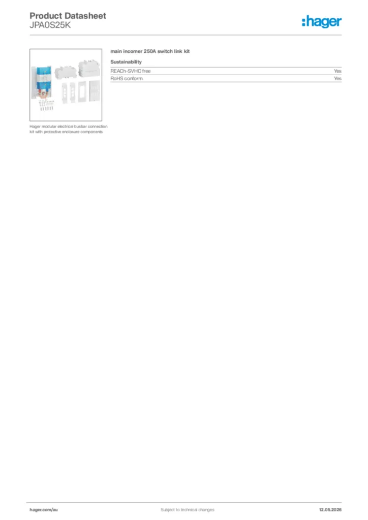 Image Hager Product data sheet JPA0S25K  | Hager Australia