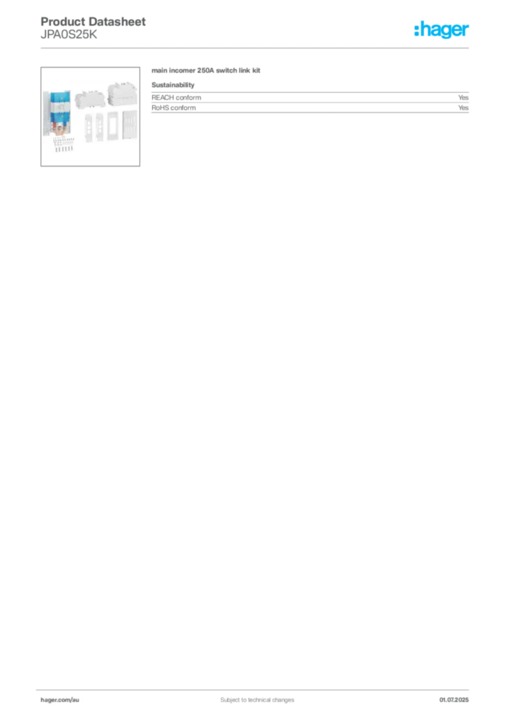 Image Hager Product data sheet JPA0S25K  | Hager Australia