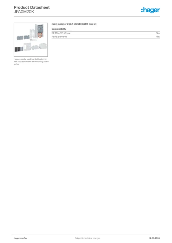 Image Hager Product data sheet JPA0M20K  | Hager Australia