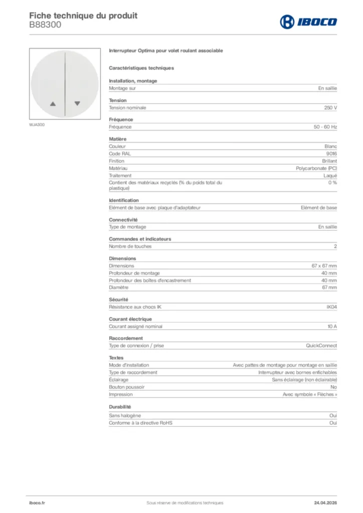Image Iboco Fiche technique du produit B88300 | Hager France