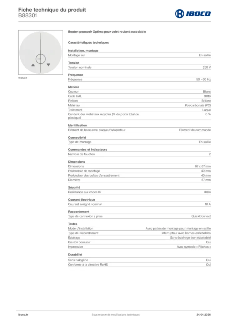Image Iboco Fiche technique du produit B88301 | Hager France