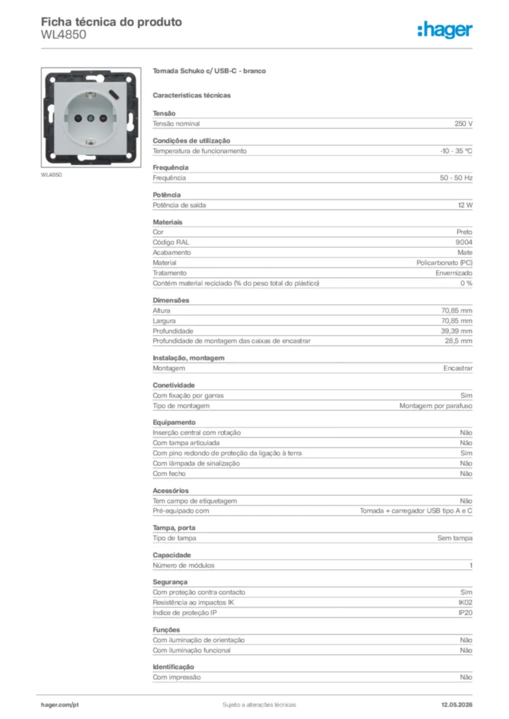 Imagem Hager Ficha técnica do produto WL4850 | Hager Portugal