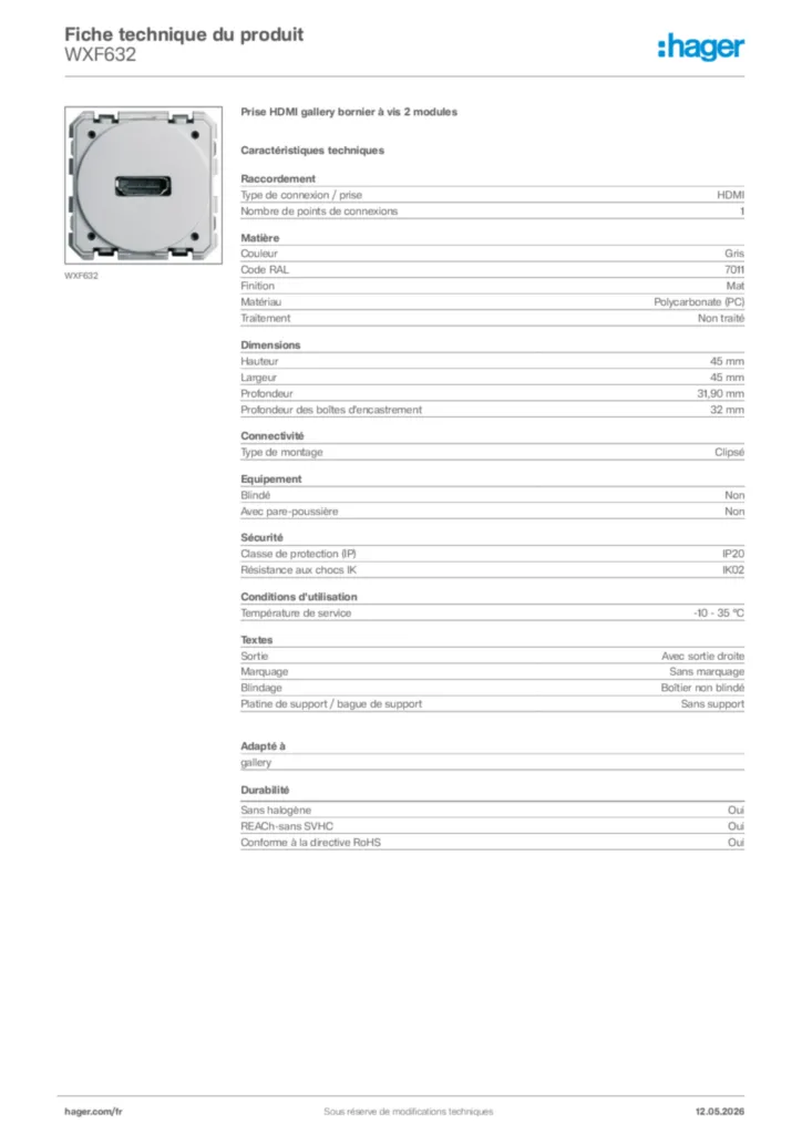 Image Hager Fiche technique du produit WXF632 | Hager France