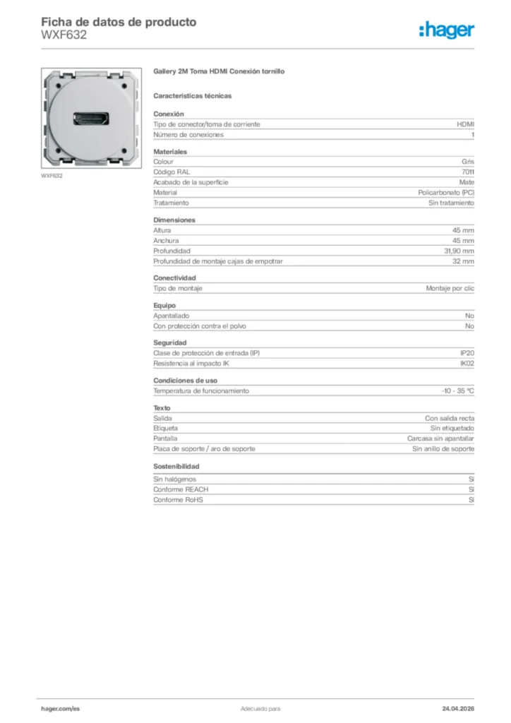 Imagen Hager Ficha de datos de producto WXF632 | Hager España