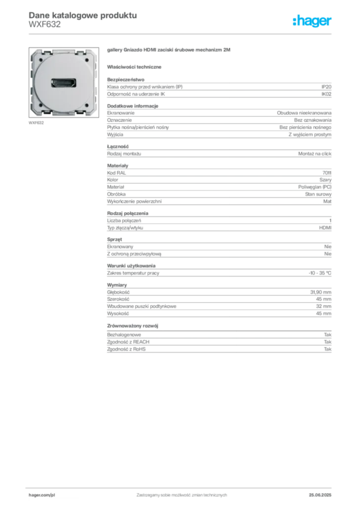 Zdjęcie Hager Dane katalogowe produktu WXF632 | Hager Polska