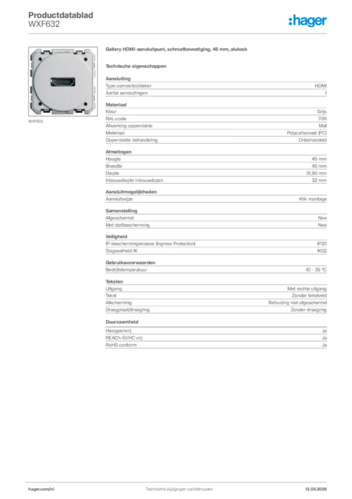 Afbeelding Hager Productdatablad WXF632 | Hager Nederland