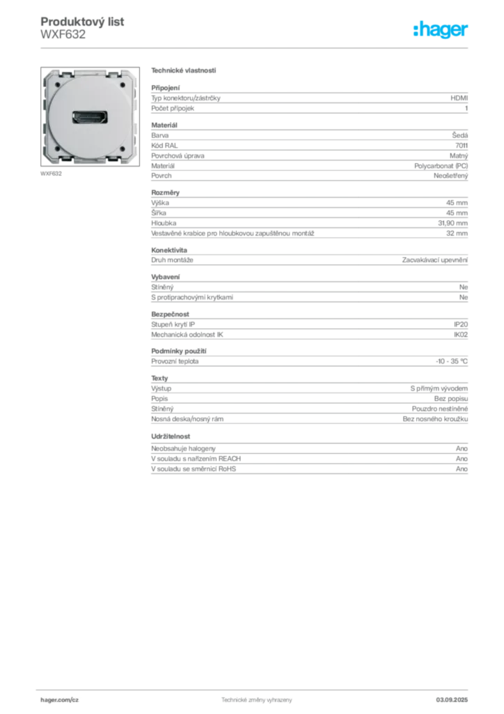 Obrázek Hager Product data sheet WXF632 | Hager