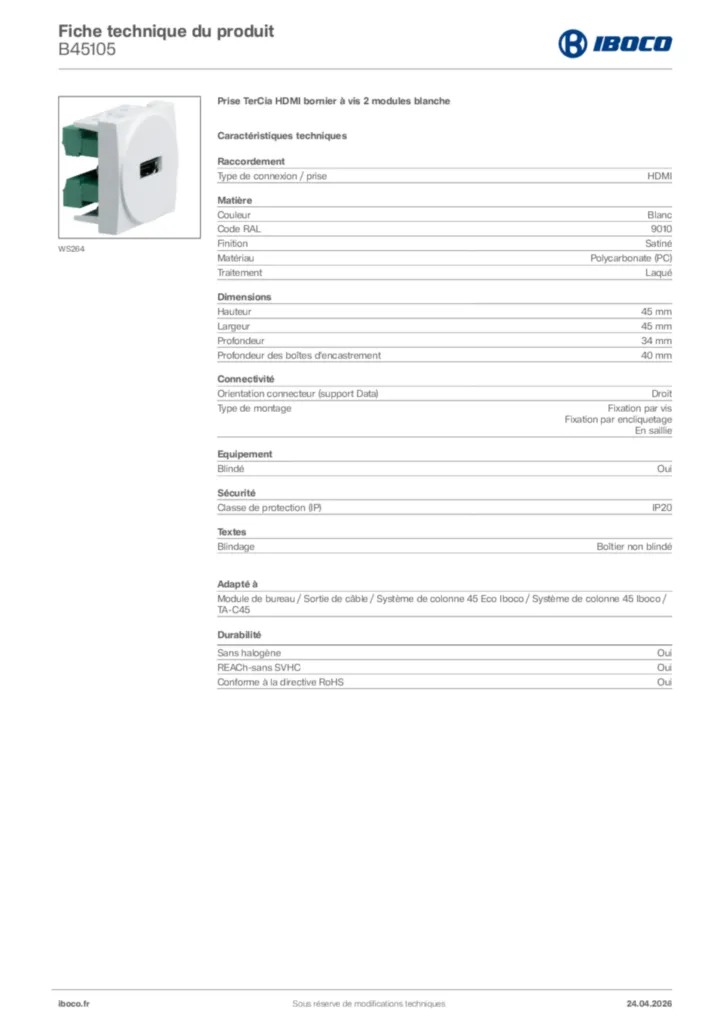 Image Iboco Fiche technique du produit B45105 | Hager France