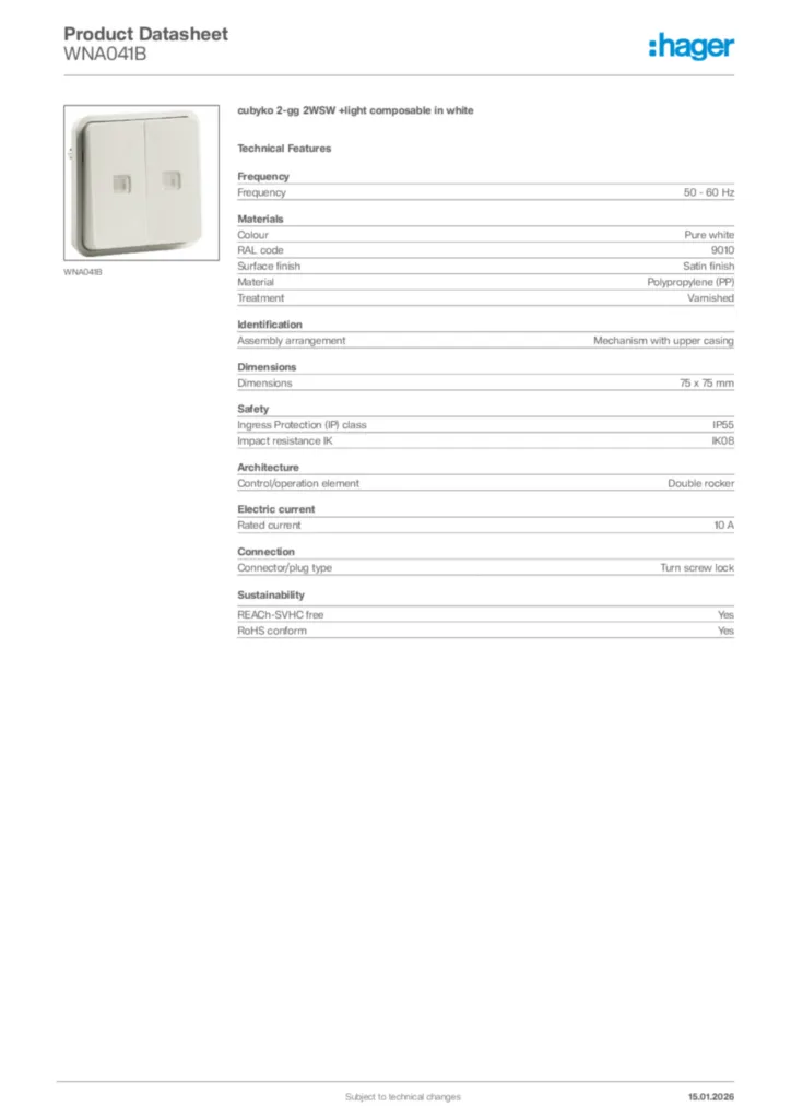 Image Hager Product data sheet WNA041B  | Hager Africa
