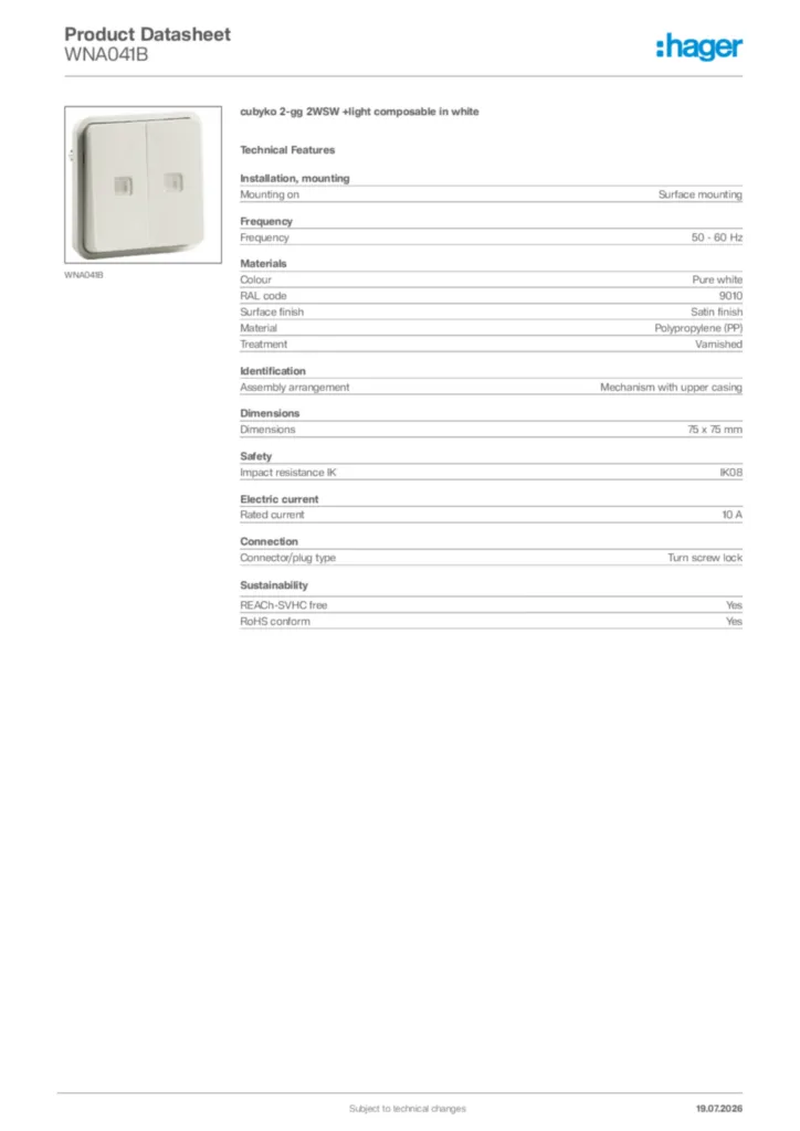 Image Hager Product data sheet WNA041B  | Hager Africa