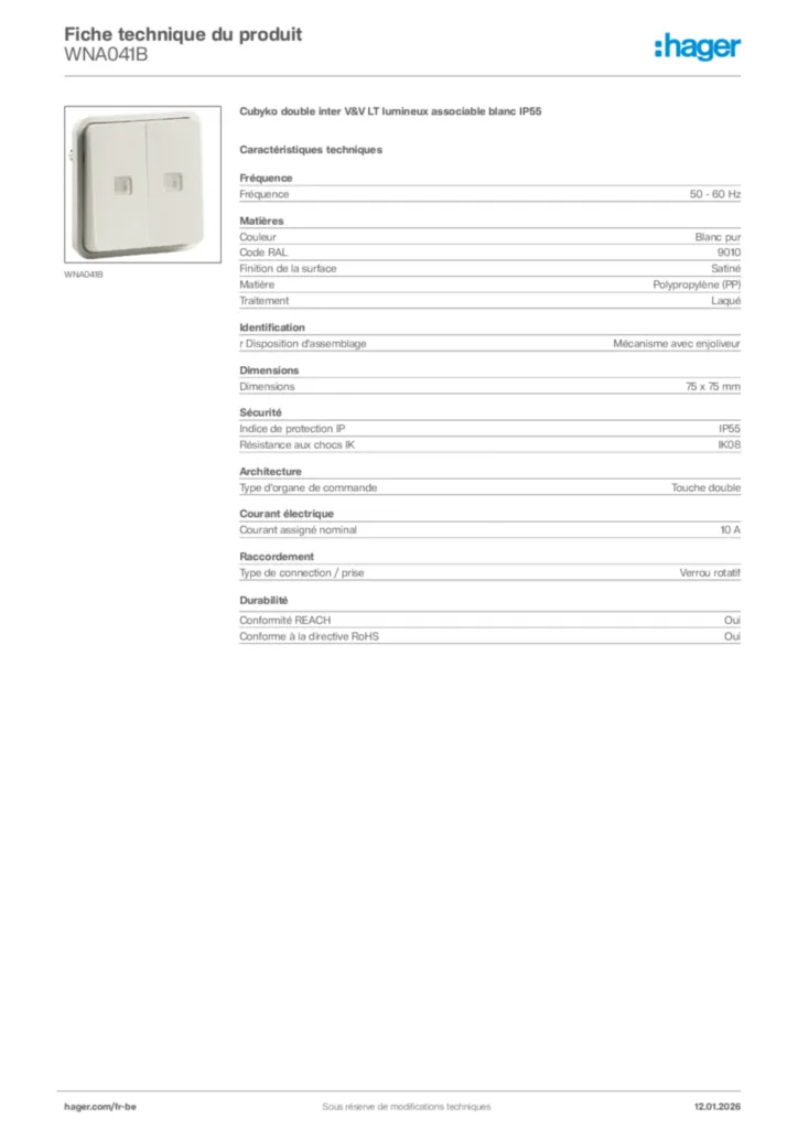 Image Hager Fiche technique du produit WNA041B | Hager Belgique