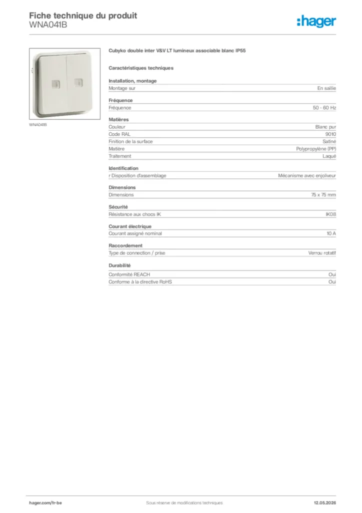 Image Hager Fiche technique du produit WNA041B | Hager Belgique