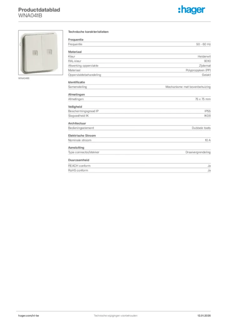 Afbeelding Hager Productdatablad WNA041B | Hager Belgium