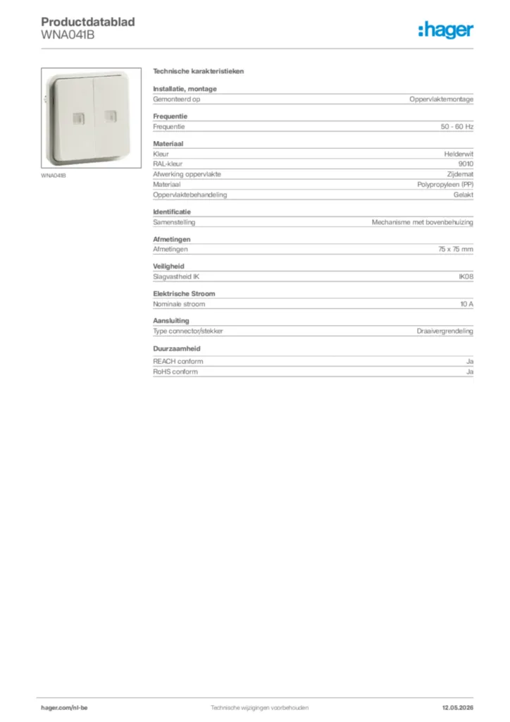 Afbeelding Hager Productdatablad WNA041B | Hager Belgium