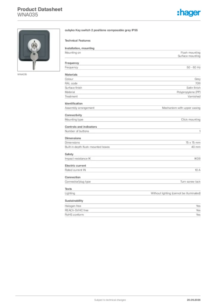 Image Hager Product data sheet WNA035  | Hager Africa