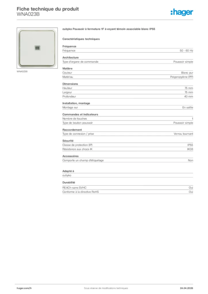 Image Hager Fiche technique du produit WNA023B | Hager France