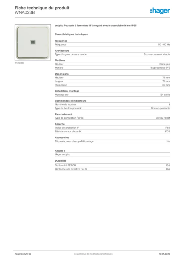 Image Hager Fiche technique du produit WNA023B | Hager Belgique