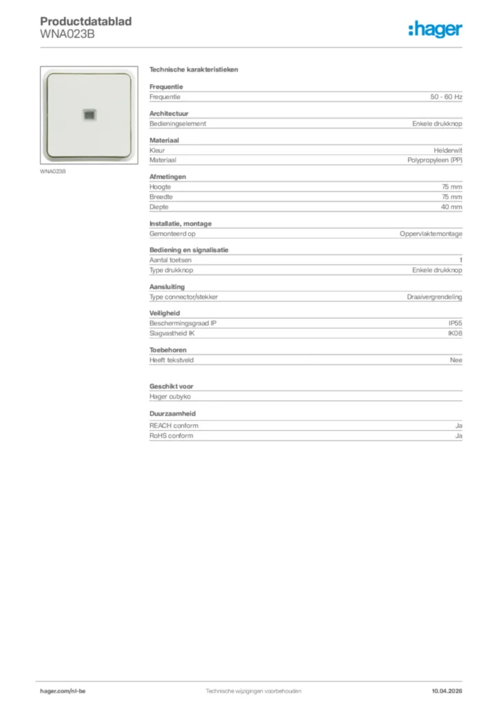 Afbeelding Hager Productdatablad WNA023B | Hager Belgium