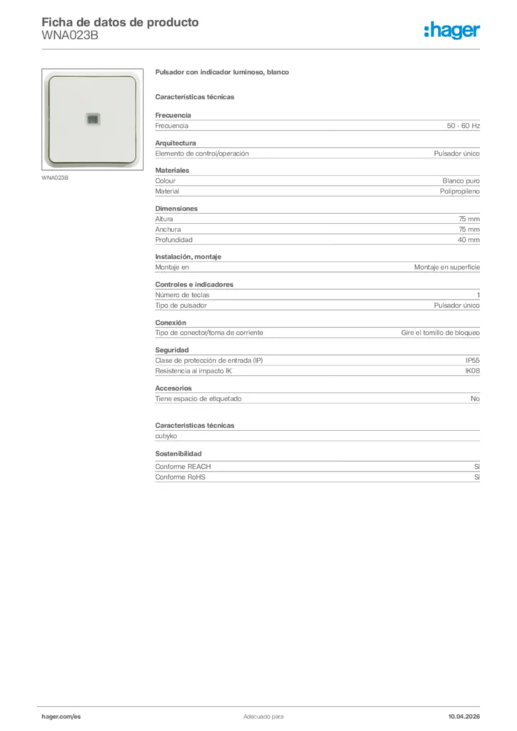 Imagen Hager Ficha de datos de producto WNA023B | Hager España