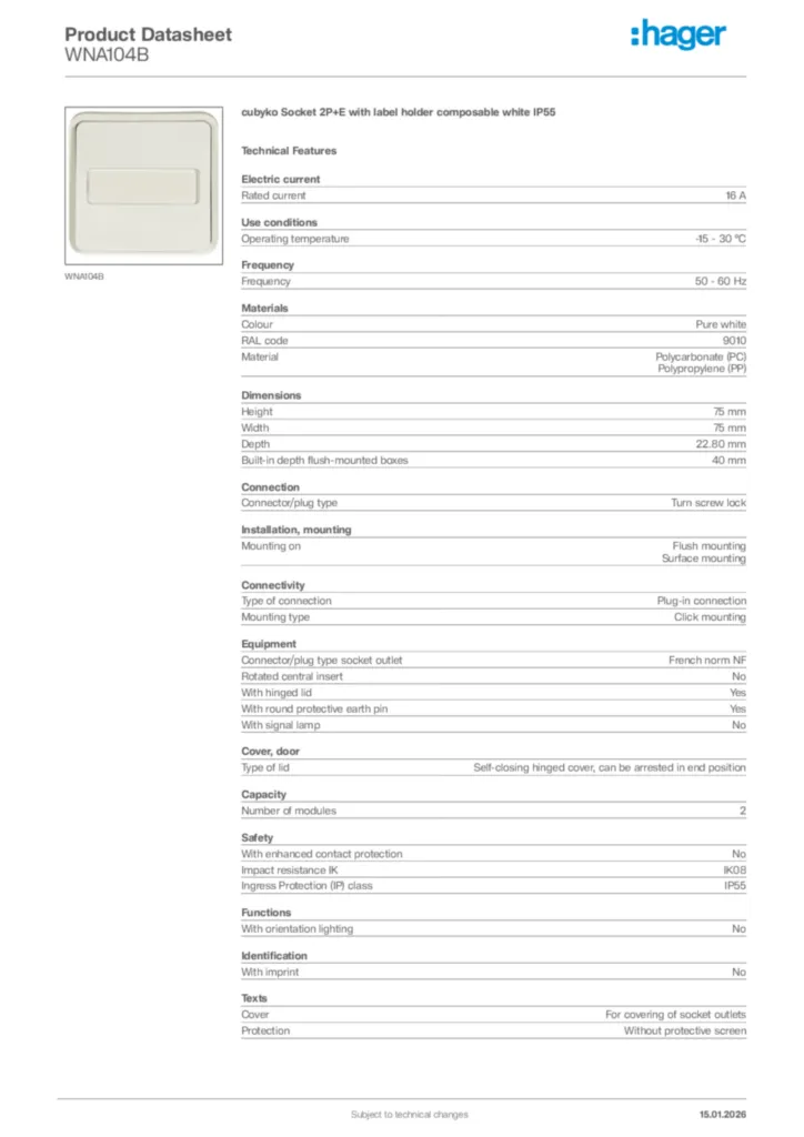 Image Hager Product data sheet WNA104B  | Hager Africa