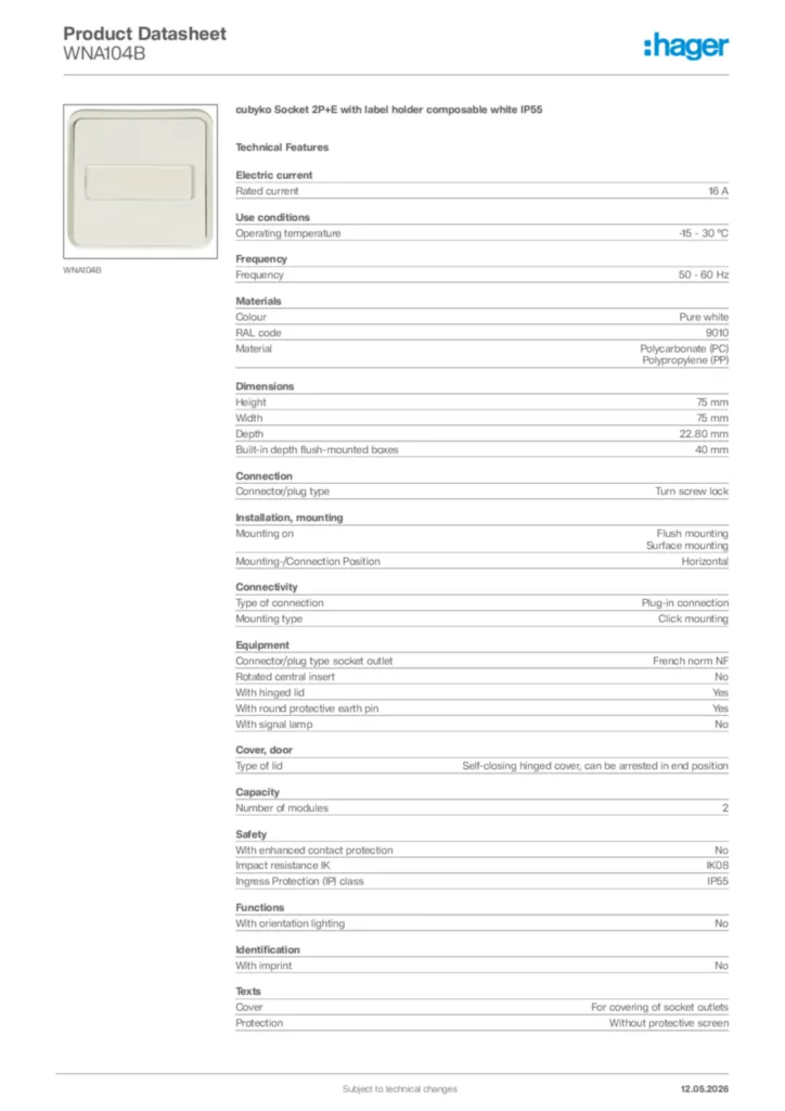 Image Hager Product data sheet WNA104B  | Hager Africa