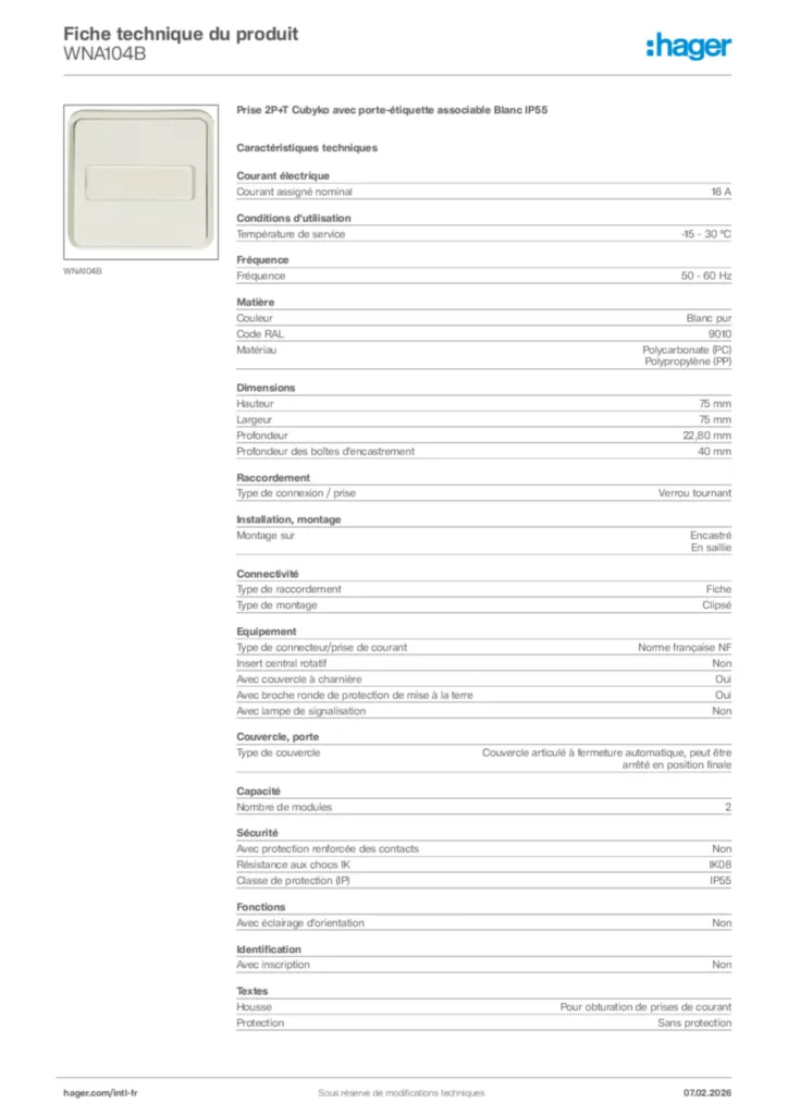 Image Hager Fiche technique du produit WNA104B | Hager Afrique