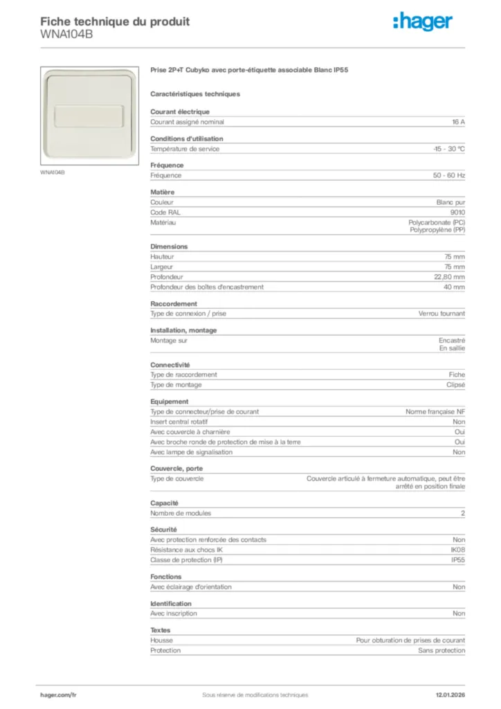 Image Hager Fiche technique du produit WNA104B | Hager France