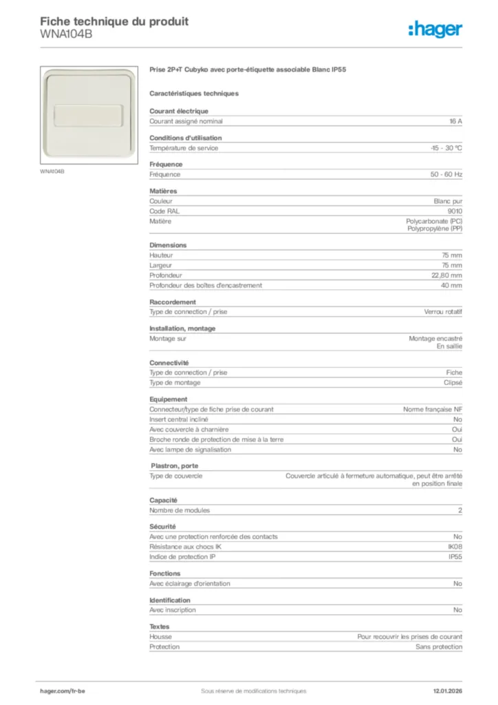 Image Hager Fiche technique du produit WNA104B | Hager Belgique