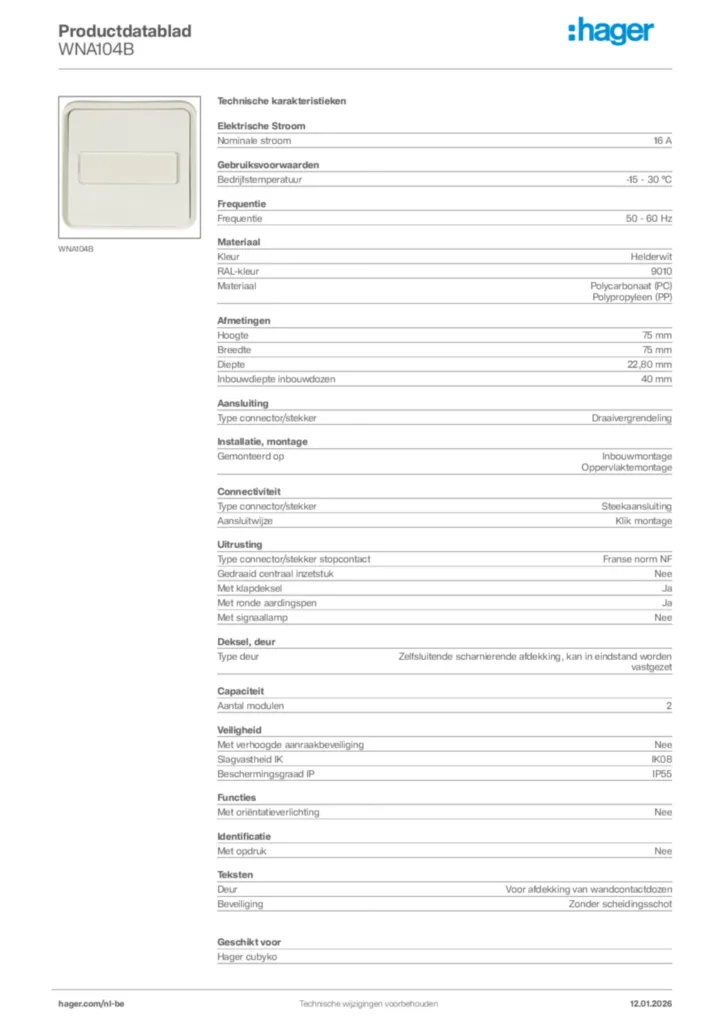 Afbeelding Hager Productdatablad WNA104B | Hager Belgium