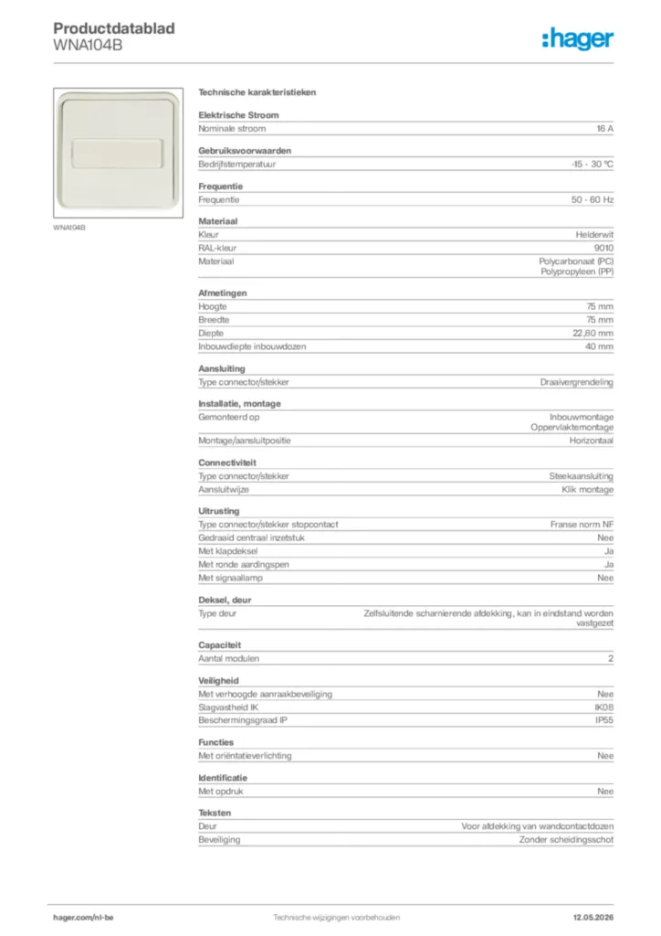 Afbeelding Hager Productdatablad WNA104B | Hager Belgium