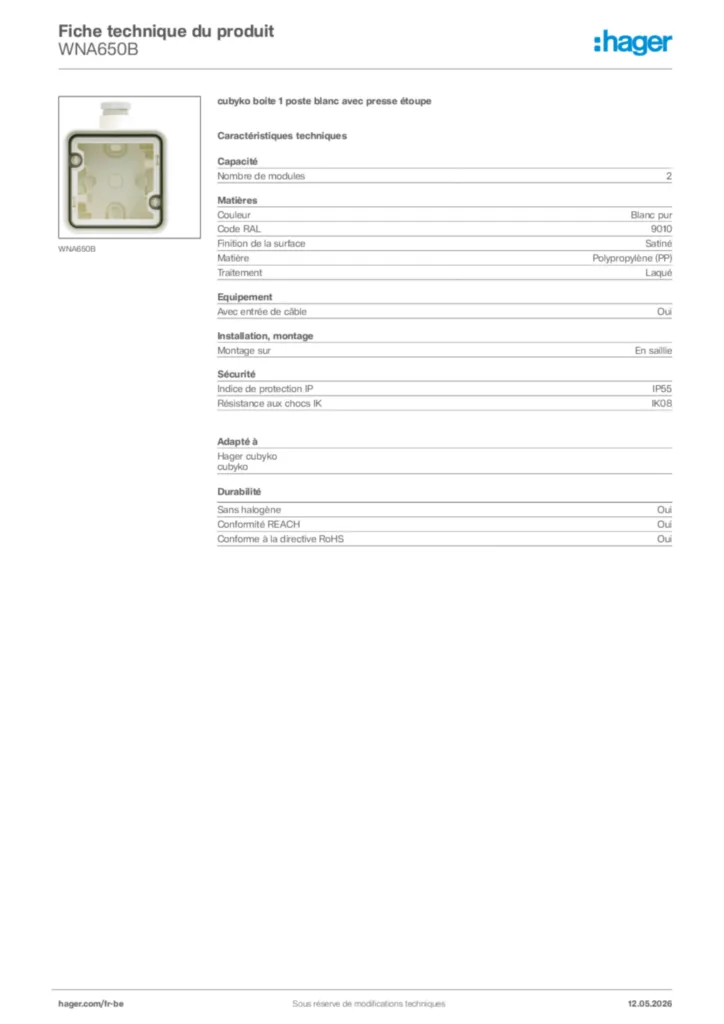 Image Hager Fiche technique du produit WNA650B | Hager Belgique