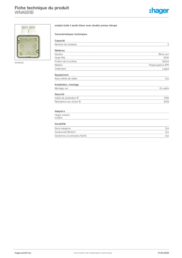 Image Hager Fiche technique du produit WNA651B | Hager Belgique