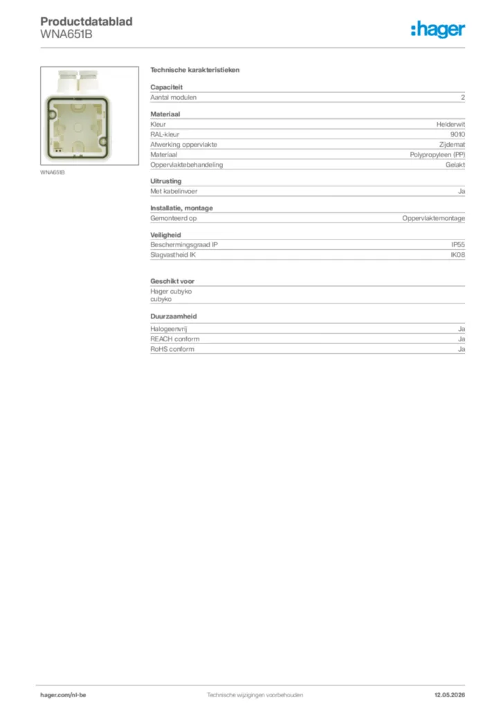 Afbeelding Hager Productdatablad WNA651B | Hager Belgium