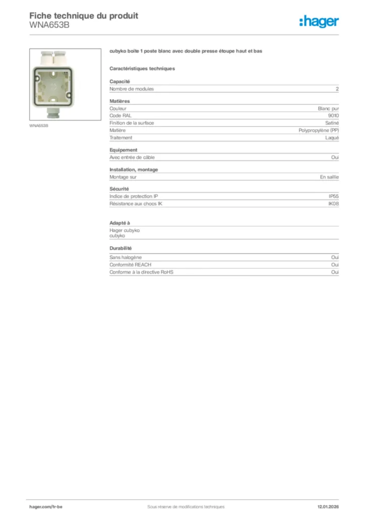 Image Hager Fiche technique du produit WNA653B | Hager Belgique