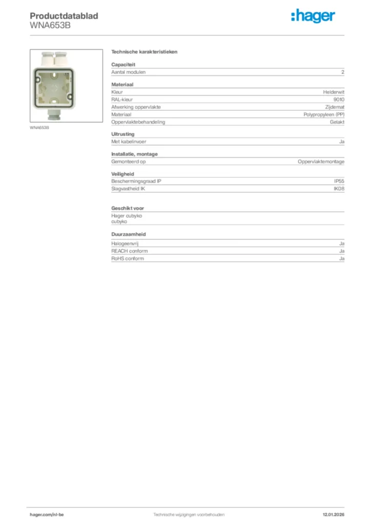 Afbeelding Hager Productdatablad WNA653B | Hager Belgium