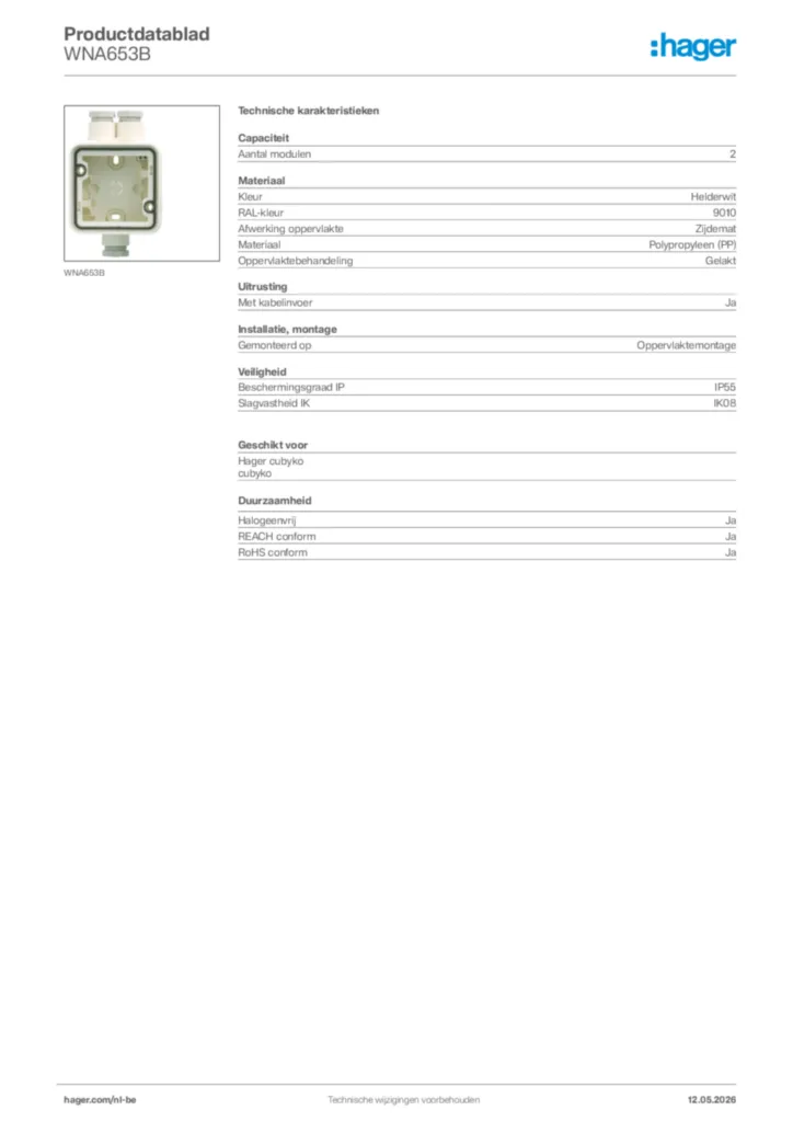 Afbeelding Hager Productdatablad WNA653B | Hager Belgium