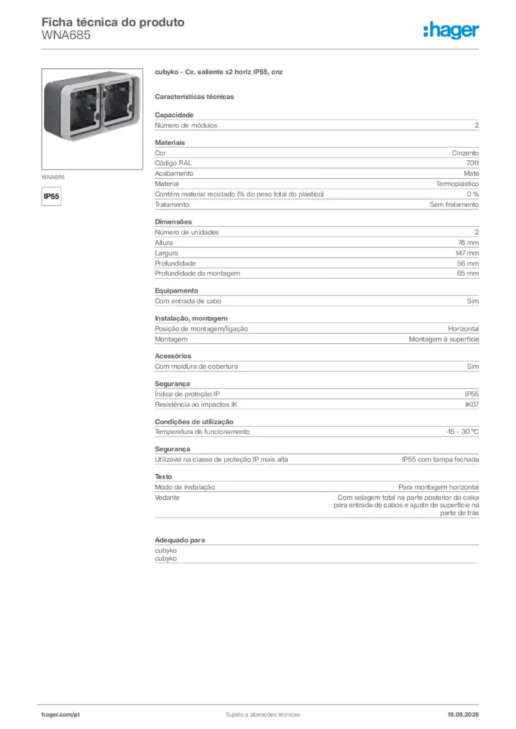 Imagem Hager Ficha técnica do produto WNA685 | Hager Portugal