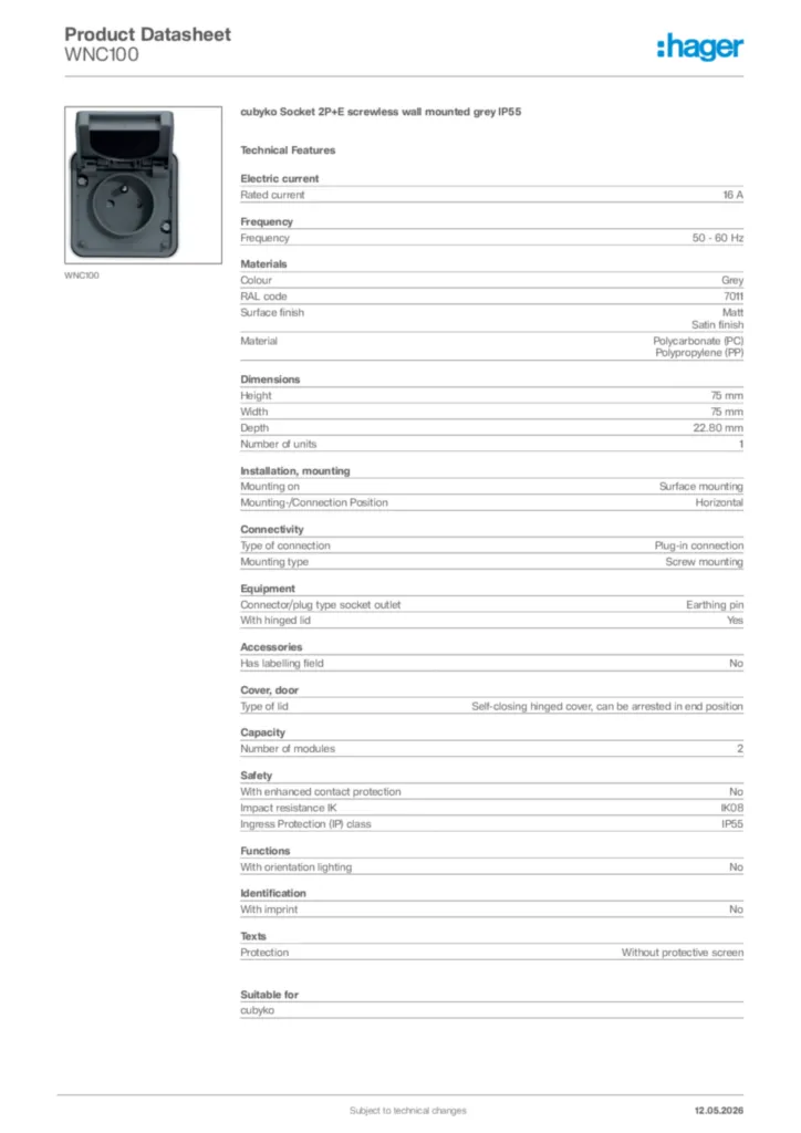 Image Hager Product data sheet WNC100  | Hager Africa