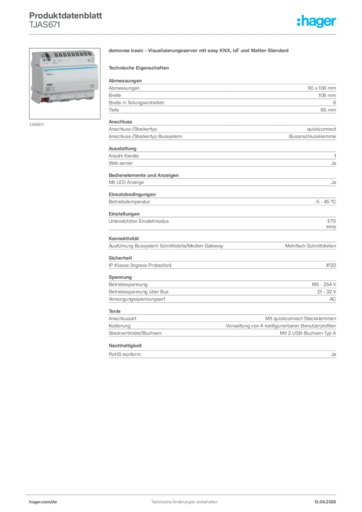 Hager Produktdatenblatt TJAS671