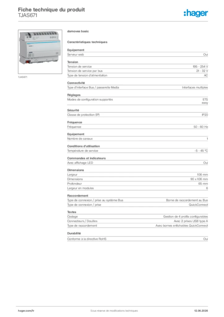 Image Hager Fiche technique du produit TJAS671 | Hager France